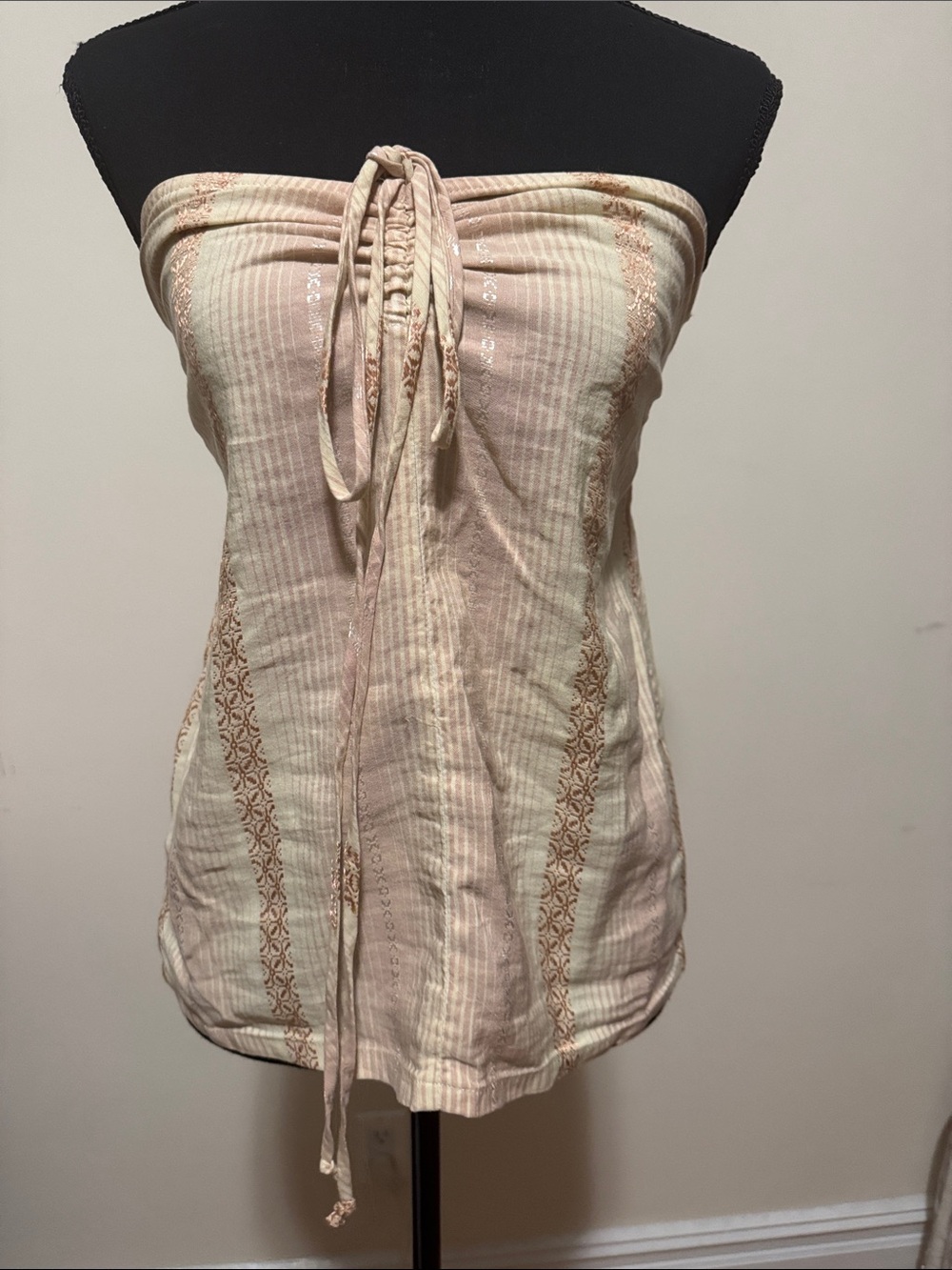 Juicy Couture Pink and Cream Smocked Tube Top with Tie Detail